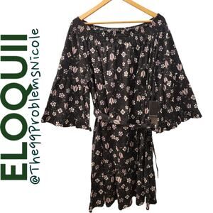 Eloquii Black Floral Print Belted Dress